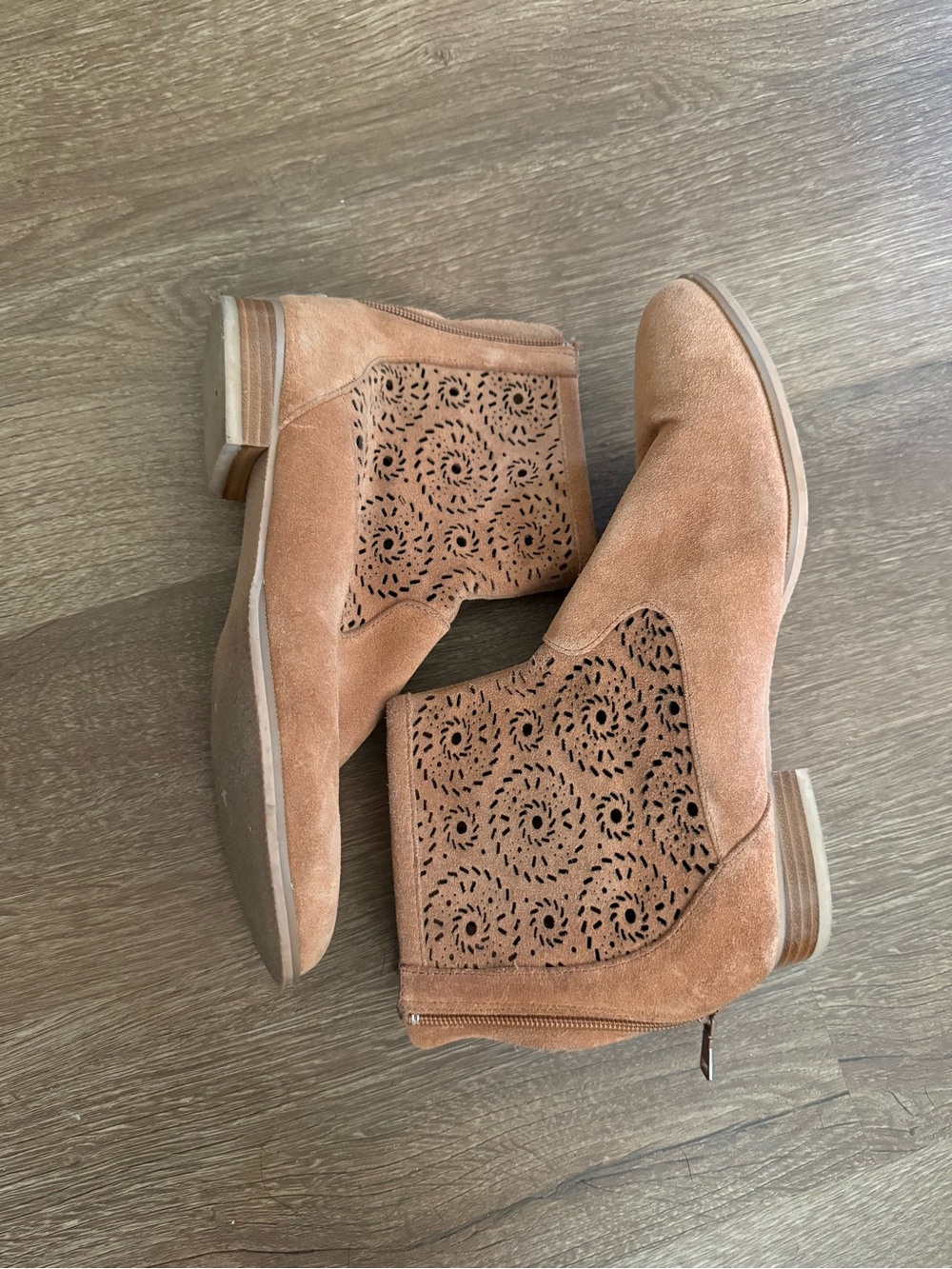 Jack Rogers Tan Suede Ankle Booties with Laser-Cut Floral Panels
